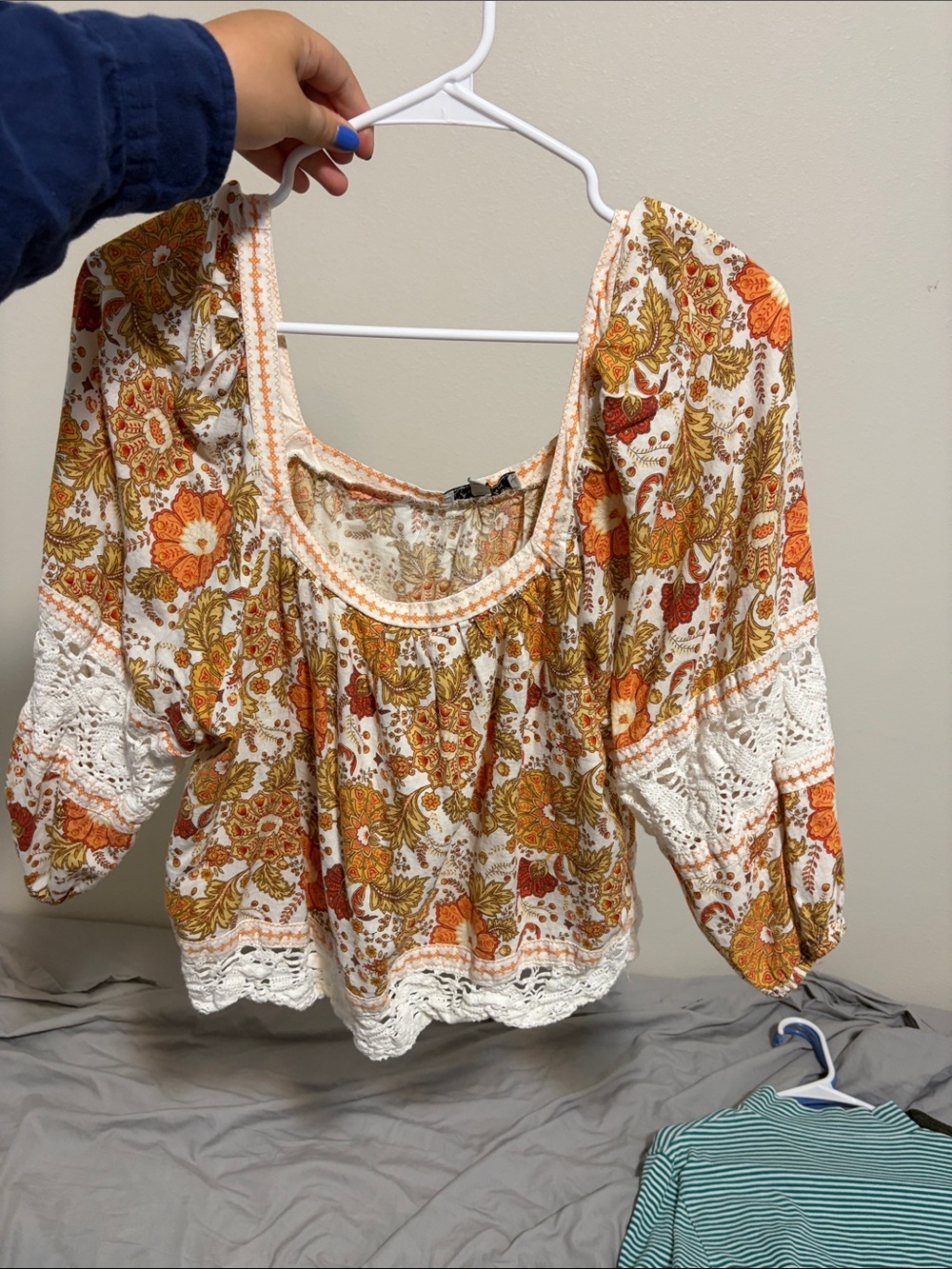 Rachel Zoe Boho Floral Crochet-Trim Blouse in Orange and Cream